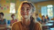 © thesweetsheep - A thoughtful student in a vibrant classroom setting, smiling and engaged.