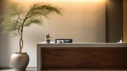 Poster - Empty reception desk in a modern hotel lobby featuring a decorative plant, warm lighting, and minimalist design, creating a welcoming and sophisticated atmosphere