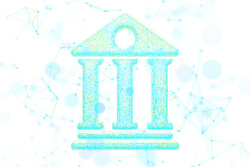 Poster - Abstract glowing bank icon with three pillars, dotted design on a light blue network background, representing digital finance concept. 3D Rendering.