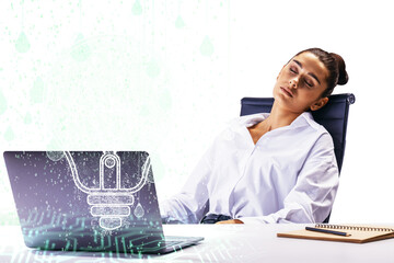 Canvas Print - Woman in white shirt resting in office chair, lightbulb hologram on laptop screen, white background. Concept of creativity and innovation