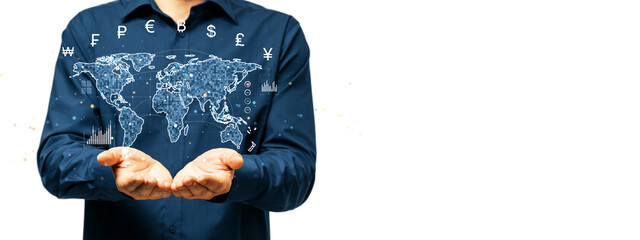 Poster - Man in dark blue shirt holding a digital world map with currency symbols. Transparent design, isolated on white, symbolizing global finance