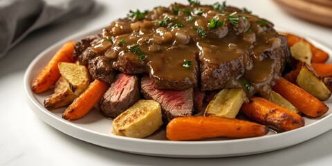 Sticker - A delicious plate of meatloaf topped with gravy and served with roasted carrots and potatoes.