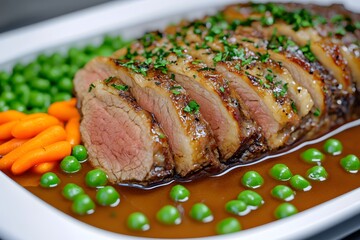 Sticker - A beautifully plated roast beef dish with green peas and carrots, garnished and sauced.