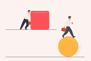Aufkleber - Efficiency of smarter business solution, easy strategy in competition. Tiny people choose to push big cube and run fast on ball, efficient smart businessman on sphere cartoon vector illustration