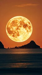 Wall Mural - bright full moon rises behind mountains at sunset over tranquil water during evening hours
