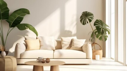 Aufkleber - Sunlight illuminates a modern minimalist living room featuring a comfortable sofa, wooden furniture, and lush tropical plants, creating a serene and relaxing atmosphere
