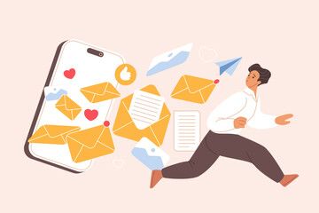 Aufkleber - Spam overload, information, infobesity, infoxication detected. Tiny overwhelmed businessman running away in stress from attack of mail messages on smartphone screen cartoon vector illustration