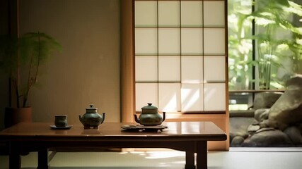 Poster - Sunlight illuminates a traditional japanese tea set placed on a low table in a serene room, with a shoji screen offering a glimpse into a peaceful garden