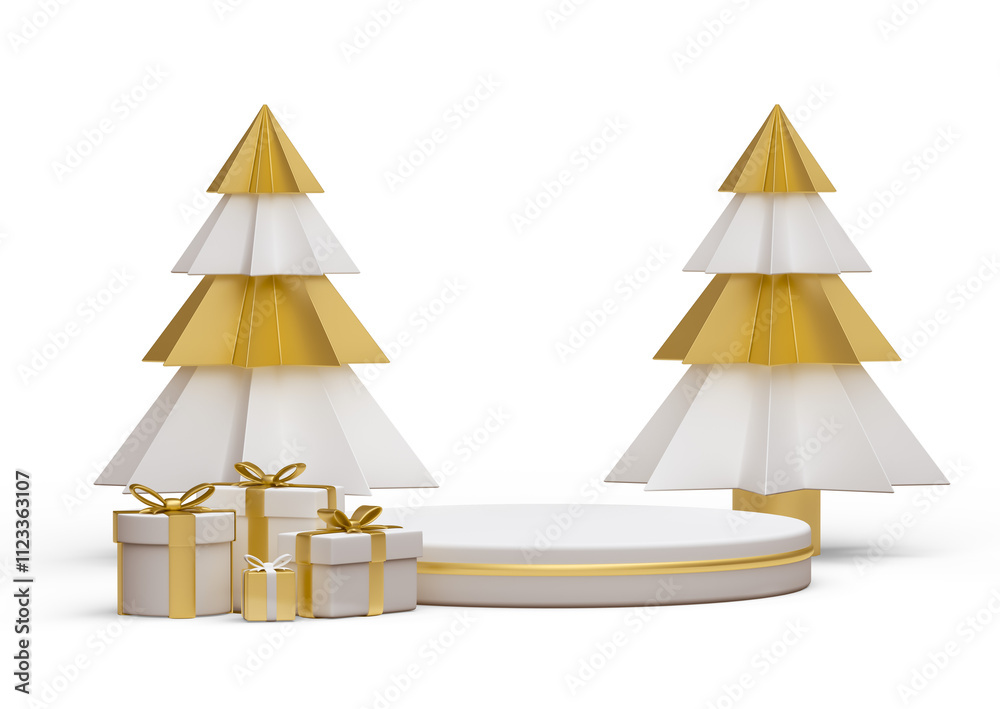 Gold and White Christmas Trees with White Base and Gift Boxes in 3D ...