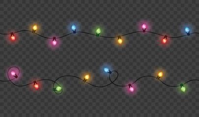 Wall Mural - vector realistic glowing colorful christmas lights in seamless pattern on dark background