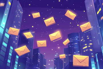 Poster - A vibrant cityscape with floating envelopes against a starry night sky.