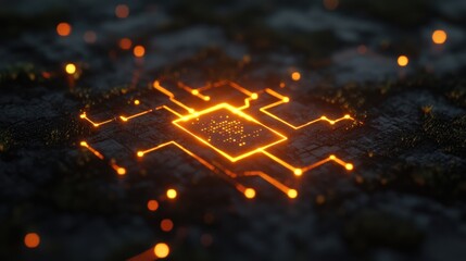 Poster - Glowing Circuit Board with Bright Orange Lines on Dark Surface