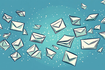 Poster - A collection of illustrated envelopes floating in a blue background, symbolizing communication.