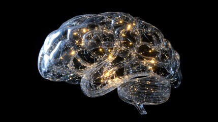 Poster - Transparent Brain with Glowing Neural Connections on Black Background