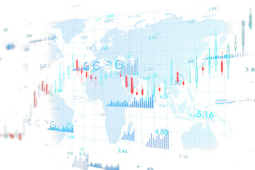 Poster - Abstract global map with financial graphs, candlestick charts, and figures in a digital style, set on a clean white background. Concept of data. 3D Rendering.