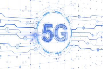 Aufkleber - 5G text surrounded by blue neon lines, digital holographic elements and geometric patterns on white background. Concept of tech advancement. 3D Rendering.