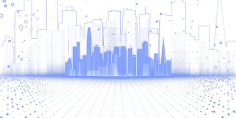 Aufkleber - Abstract futuristic city skyline in blue tones, white background, grid and dotted patterns, concept of urban technology and innovation. 3D Rendering.