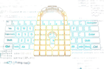 Poster - Abstract digital padlock over keyboard outline with coding background, holographic style, on white. Concept of cybersecurity and protection. 3D Rendering.