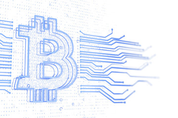 Aufkleber - Bitcoin symbol with blue circuit lines extending on a white background, digital style, clean layout, concept of blockchain and cryptocurrency. 3D Rendering.