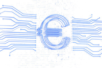 Poster - Euro currency symbol formed by blue digital circuit lines, futuristic tech style, placed on a white background. Concept of digital currency. 3D Rendering.