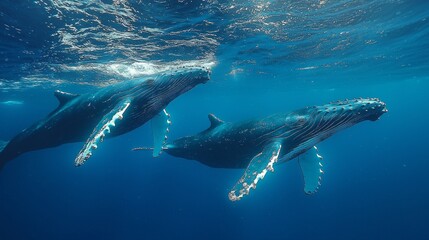 Poster - Two humpback whales glide effortlessly beneath a shimmering surface, showcasing their grandeur in the deep blue Pacific waters