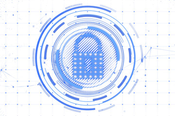 Poster - Blue digital padlock surrounded by neon circular elements on a light grid background, symbolizing cybersecurity and technology concepts. 3D Rendering.
