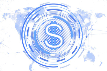 Aufkleber - Digital dollar symbol surrounded by neon circular lines, abstract world map in translucent blue, white background, concept of tech currency. 3D Rendering.