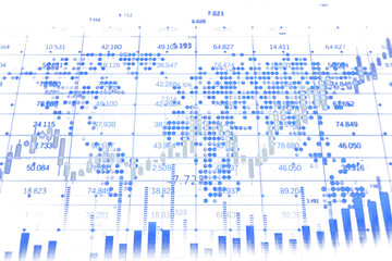 Leinwandbilder - Digital data visualization with hexagonal patterns, bar graphs, and numerical values in blue tones on a clean white background. Concept of analysis. 3D Rendering.