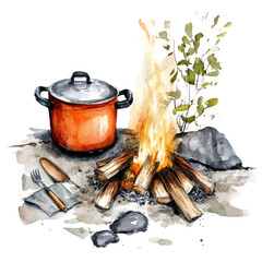 Poster - Campfire Cooking watercolor isolated transparent background