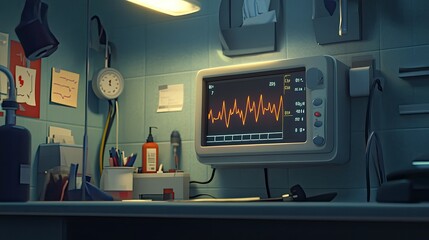 Poster - Medical Equipment in Hospital Room with Heart Rate Monitor Display