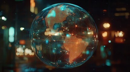 Poster - Futuristic Digital Globe with Light Connections in Urban Night Scene