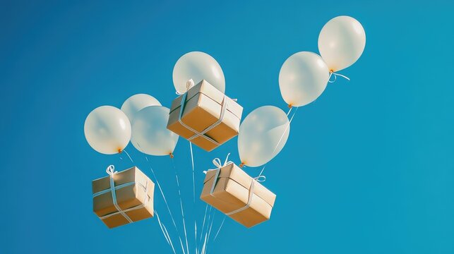 A whimsical shot of gift boxes floating on helium balloons against a clear blue sky, representing celebration.