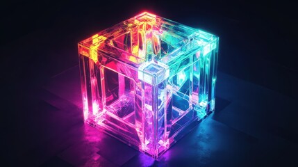 Poster - Colorful Neon Light Cube on Dark Background for Creative Design