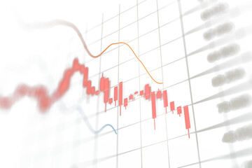 Poster - Red candlestick chart and trendlines on a blurred white grid, representing market data and analysis concepts on a clean background. 3D Rendering.