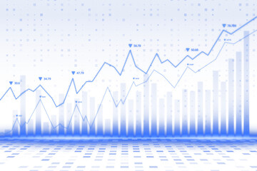 Fototapete - Financial chart with blue dotted lines, light gradient background, bar graph, and data points, showing digital analysis and progress concept. 3D Rendering.
