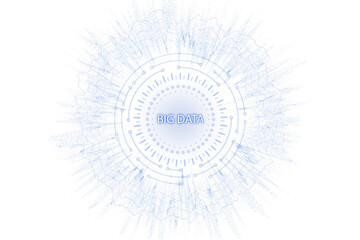 Poster - Circular holographic interface with BIG DATA text in neon style, surrounded by digital lines, futuristic tech design on a white background. 3D Rendering.