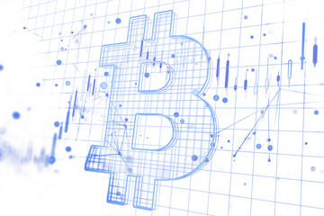 Aufkleber - Bitcoin symbol in a grid layout with chart graphics, white background, clean design, concept of cryptocurrency and virtual finance tech. 3D Rendering.
