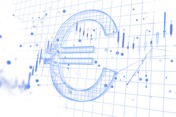 Poster - Blue euro symbol in wireframe style with financial data graph, grid lines, and abstract dots on white background. Concept of finance. 3D Rendering.