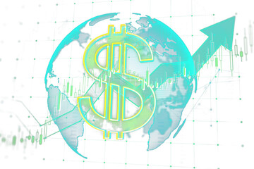 Poster - Neon dollar sign overlaying globe with financial graphs and green arrow on white background, representing global economic growth concept. 3D Rendering.