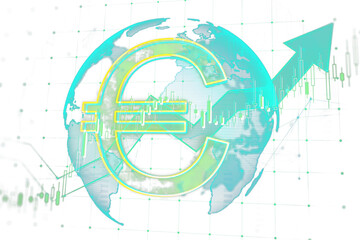 Poster - Neon Euro symbol, globe, financial chart, upward arrow, digital style, white background, concept of global economy and financial growth. 3D Rendering.