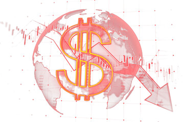 Poster - Red dollar sign, globe, declining arrow, stock chart overlay, holographic style, white background. Concept of global economic downturn. 3D Rendering.