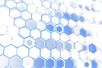 Poster - Blue hexagonal geometric pattern with glowing details, digital graphic style, white blurred background, concept of futuristic technology. 3D Rendering.