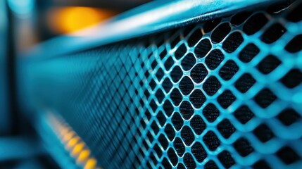 Poster - A close-up view of a textured metal mesh with a blue hue, showcasing intricate patterns and glowing highlights.