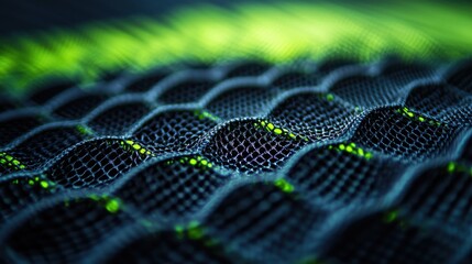 Poster - A close-up view of a textured surface featuring a hexagonal pattern, with a blend of dark tones and vibrant green highlights.