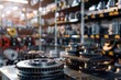 3d rendered car components  brake disk, oil filter, and belt pulleys in an industrial store setting