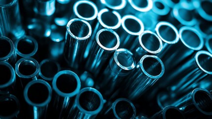 Poster - Galvanized steel pipes of various sizes shine in a captivating blue light, revealing their smooth surfaces and intricate arrangement