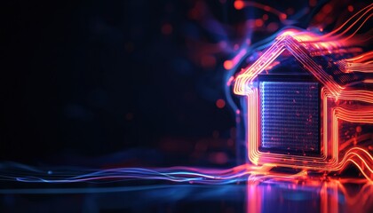 Poster - A futuristic digital representation of a house illuminated with vibrant neon lights, symbolizing technology and innovation in home design.