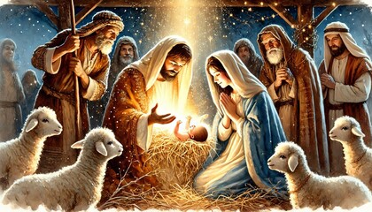 Birth of Jesus Christ - Nativity of Jesus - Catholic, Jewish Christian, New Testament - Joseph, Virgin Mary birth of Baby Christ Child of God in Stables of Bethlehem with Shepherds - Winter Solstice