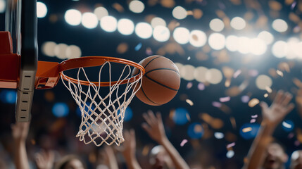 Wall Mural - dynamic basketball game moment with ball entering hoop, surrounded by cheering fans and colorful confetti. excitement is palpable in air