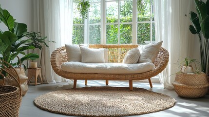 Poster - A cozy bohemian living area features a rattan sofa adorned with soft cushions, surrounded by lush plants and woven decor